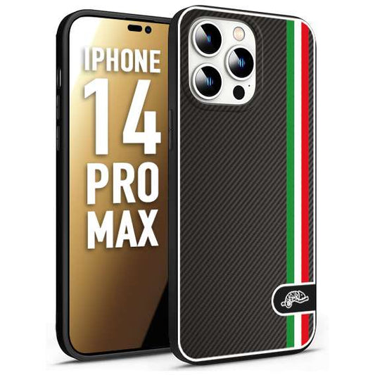 CUSTOMIZZA - Custodia cover nera morbida in tpu compatibile per iPhone 14 PRO MAX effetto fibra di carbonio bandiera Italia made in Italy