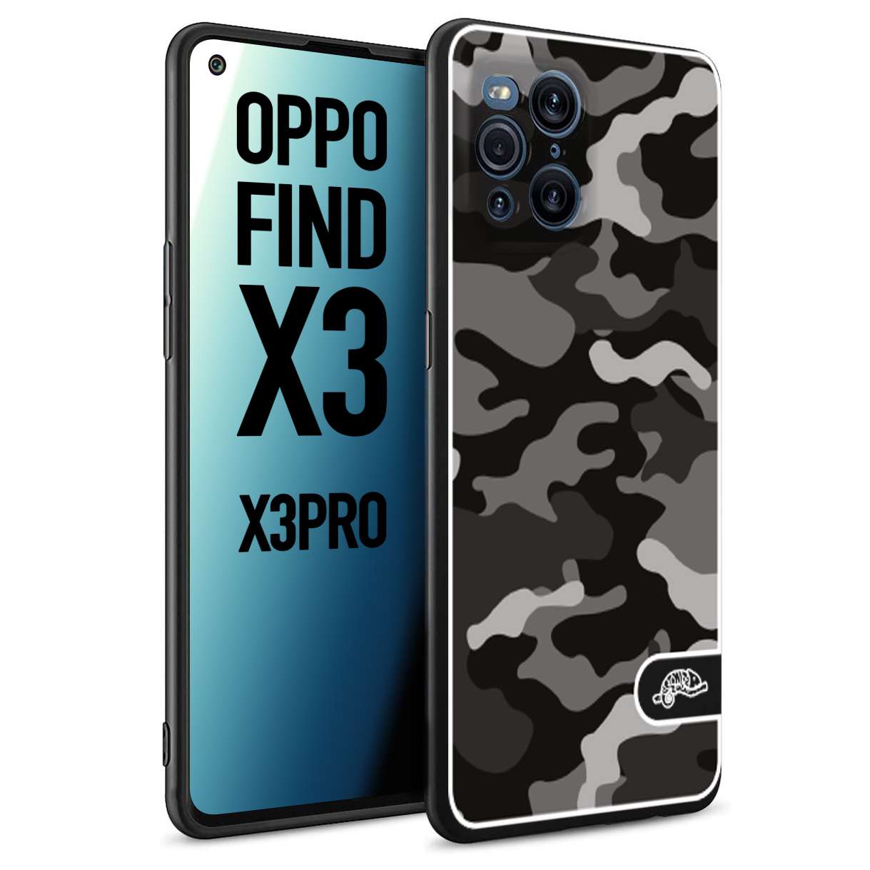 CUSTOMIZZA - Custodia cover nera morbida in tpu compatibile per Oppo Find X3 - Find X3 Pro 5G camouflage mimetico militare nero black grigio