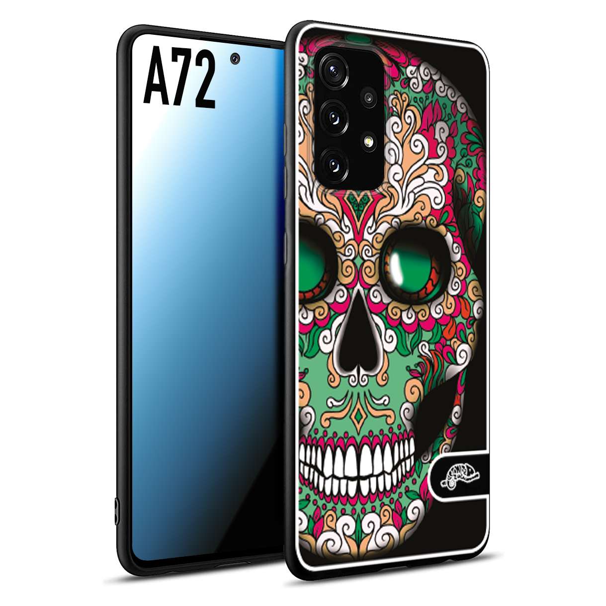 CUSTOMIZZA - Custodia cover nera morbida in tpu compatibile per Samsung A72 teschio messicano Mexican skull verde fucsia