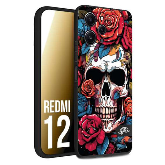 CUSTOMIZZA - Custodia cover nera morbida in tpu compatibile per Xiaomi Redmi 12 teschio skull flowers fiori rose rosse tattoo disegnato