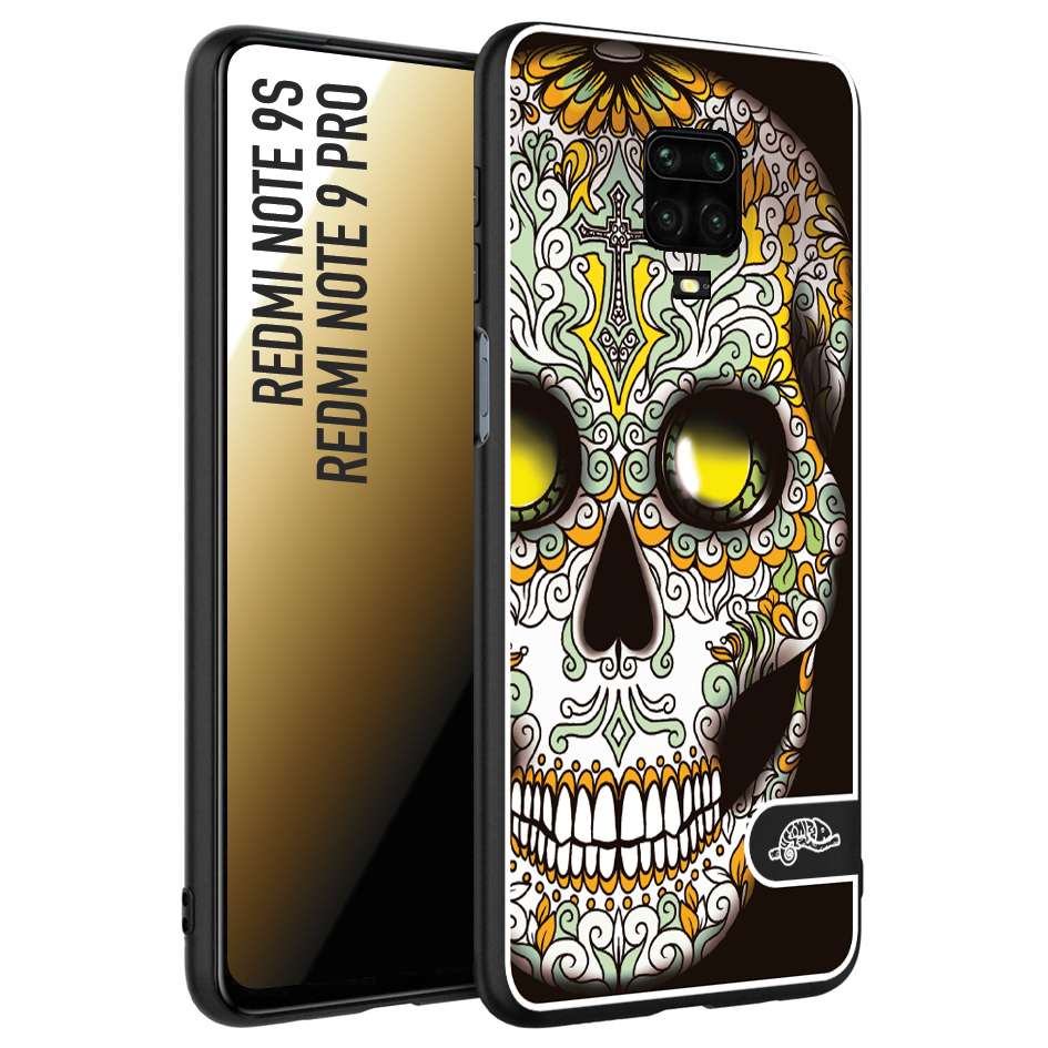 CUSTOMIZZA - Custodia cover nera morbida in tpu compatibile per Xiaomi Redmi Note 9S - Note 9 PRO teschio messicano Mexican skull bianco verde giallo