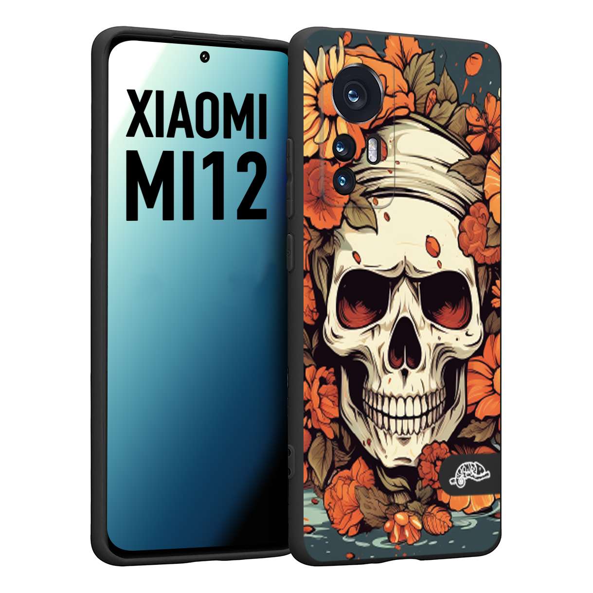 CUSTOMIZZA - Custodia cover nera morbida in tpu compatibile per Xiaomi 12 5G teschio skull flowers fiori tattoo disegnato alta definizione