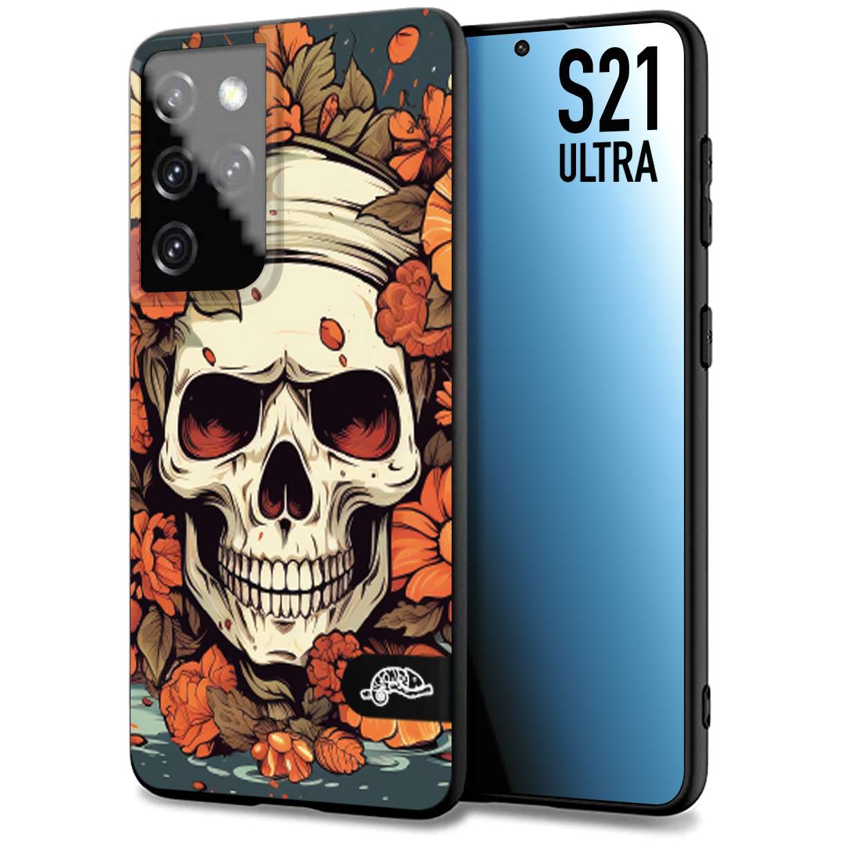 CUSTOMIZZA - Custodia cover nera morbida in tpu compatibile per Samsung S21 ULTRA teschio skull flowers fiori tattoo disegnato alta definizione