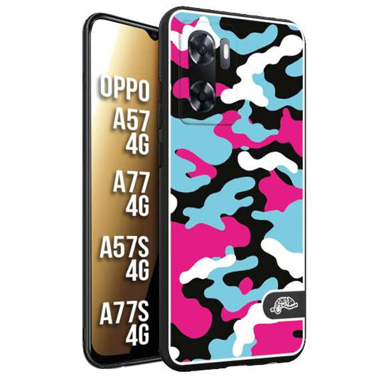 CUSTOMIZZA - Custodia cover nera morbida in tpu compatibile per Oppo A57 - A77 - A57S - A77S (4G) camouflage mimetico militare fucsia celeste