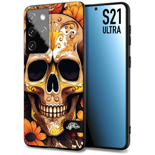 CUSTOMIZZA - Custodia cover nera morbida in tpu compatibile per Samsung S21 ULTRA teschio messicano colorato dorato fiori tattoo disegnato