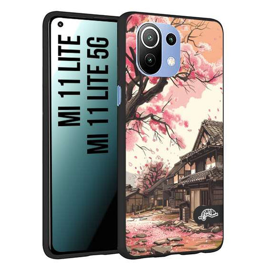 CUSTOMIZZA - Custodia cover nera morbida in tpu compatibile per Xiaomi Mi 11 Lite / Mi 11 Lite 5G casa giapponese rosa ciliegio in fiore disegnata tattoo