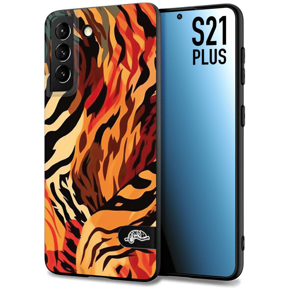 CUSTOMIZZA - Custodia cover nera morbida in tpu compatibile per Samsung S21 PLUS leopardato maculato tigrato tiger colorata gialla rossa arancio