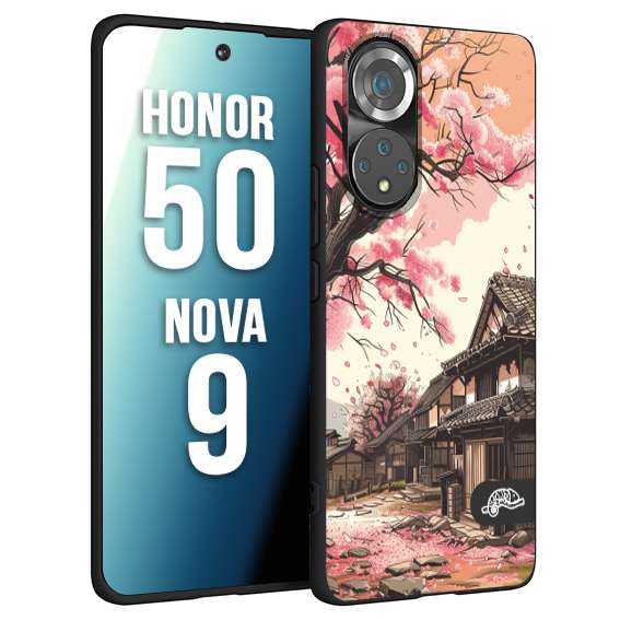 CUSTOMIZZA - Custodia cover nera morbida in tpu compatibile per Huawei Nova 9 - Honor 50 casa giapponese rosa ciliegio in fiore disegnata tattoo