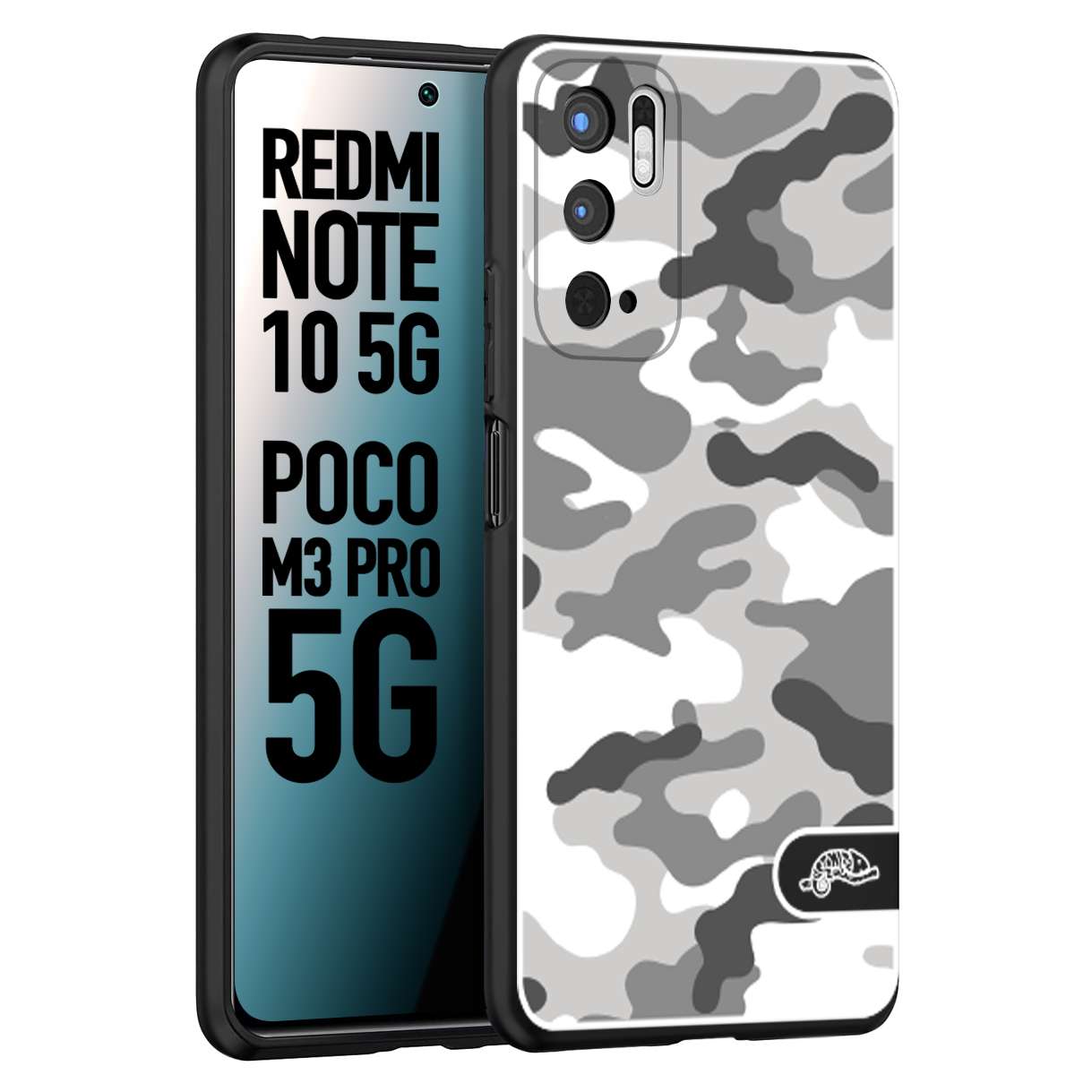 CUSTOMIZZA - Custodia cover nera morbida in tpu compatibile per Xiaomi Redmi Note 10 5G - Poco M3 Pro 5G camouflage mimetico militare bianco white