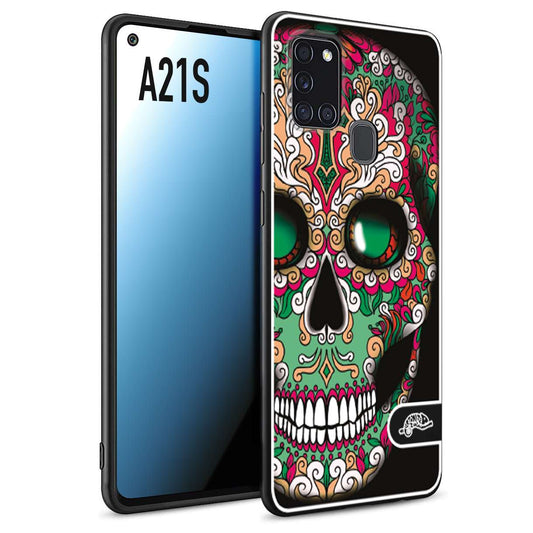 CUSTOMIZZA - Custodia cover nera morbida in tpu compatibile per Samsung A21S teschio messicano Mexican skull verde fucsia