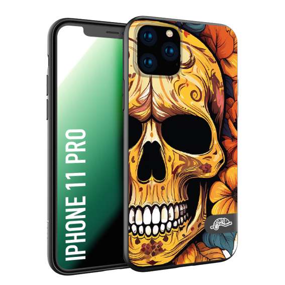 CUSTOMIZZA - Custodia cover nera morbida in tpu compatibile per iPhone 11 PRO teschio messicano colorato dorato fiori autunnali disegnato