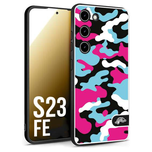 CUSTOMIZZA - Custodia cover nera morbida in tpu compatibile per Samsung S23 FE camouflage mimetico militare fucsia celeste