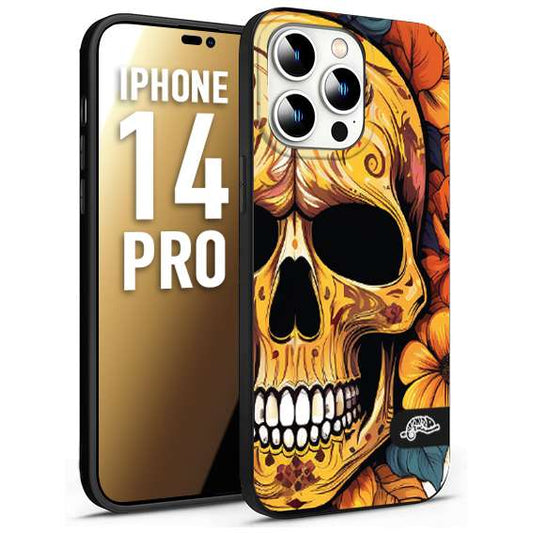 CUSTOMIZZA - Custodia cover nera morbida in tpu compatibile per iPhone 14 PRO teschio messicano colorato dorato fiori autunnali disegnato