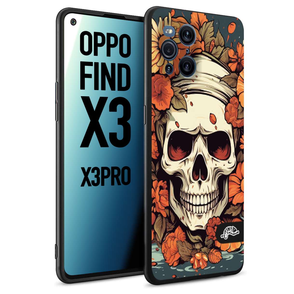 CUSTOMIZZA - Custodia cover nera morbida in tpu compatibile per Oppo Find X3 - Find X3 Pro 5G teschio skull flowers fiori tattoo disegnato alta definizione