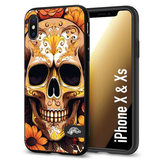 CUSTOMIZZA - Custodia cover nera morbida in tpu compatibile per iPhone X - Xs teschio messicano colorato dorato fiori tattoo disegnato