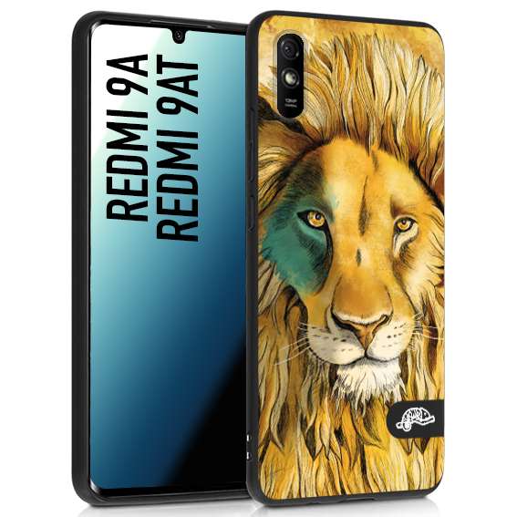 CUSTOMIZZA - Custodia cover nera morbida in tpu compatibile per Xiaomi Redmi 9A - 9AT leone lion disegnato a mano giallo blu a rilievo artistico brown