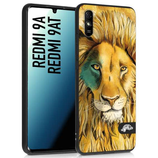 CUSTOMIZZA - Custodia cover nera morbida in tpu compatibile per Xiaomi Redmi 9A - 9AT leone lion disegnato a mano giallo blu a rilievo artistico brown