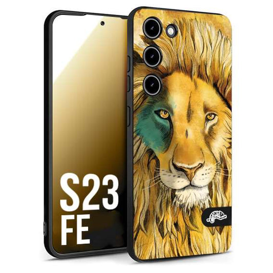 CUSTOMIZZA - Custodia cover nera morbida in tpu compatibile per Samsung S23 FE leone lion disegnato a mano giallo blu a rilievo artistico brown