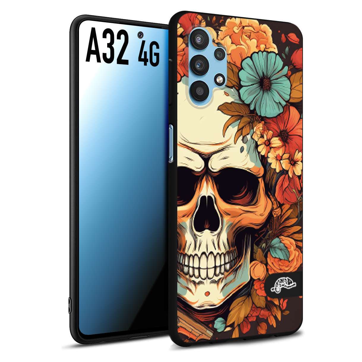 CUSTOMIZZA - Custodia cover nera morbida in tpu compatibile per Samsung A32 4G teschio skull flowers fiori autunnali arancio celeste tattoo