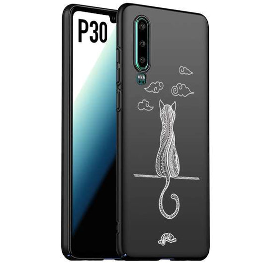 CUSTOMIZZA - Custodia cover nera morbida in tpu compatibile per Huawei P30 gatto mandala stilizzato gattino a rilievo soft touch donna bianca