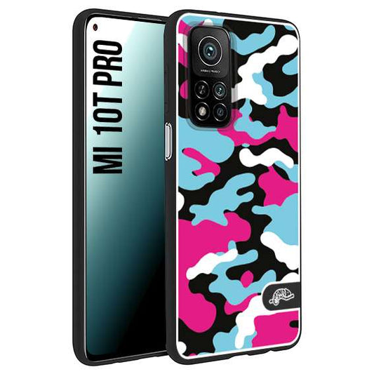 CUSTOMIZZA - Custodia cover nera morbida in tpu compatibile per Xiaomi Mi 10T PRO camouflage mimetico militare fucsia celeste