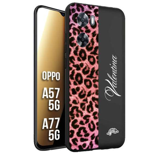 CUSTOMIZZA - Custodia cover nera morbida in tpu compatibile per Oppo A57 5G - A77 5G leopardato rosa fucsia personalizzata nome iniziali