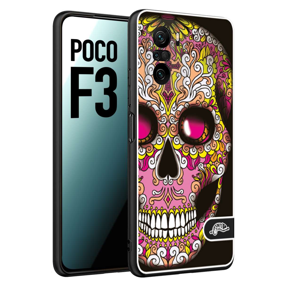 CUSTOMIZZA - Custodia cover nera morbida in tpu compatibile per Xiaomi Poco F3 teschio messicano Mexican skull rosa gialla