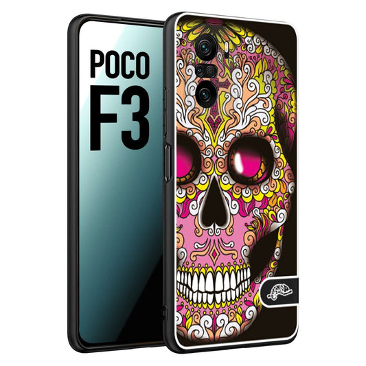 CUSTOMIZZA - Custodia cover nera morbida in tpu compatibile per Xiaomi Poco F3 teschio messicano Mexican skull rosa gialla