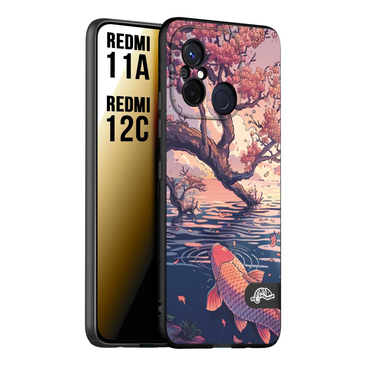 CUSTOMIZZA - Custodia cover nera morbida in tpu compatibile per Xiaomi Redmi 11A - 12C giapponese lago carpa koi rosa con foglie d'acero disegnata tattoo