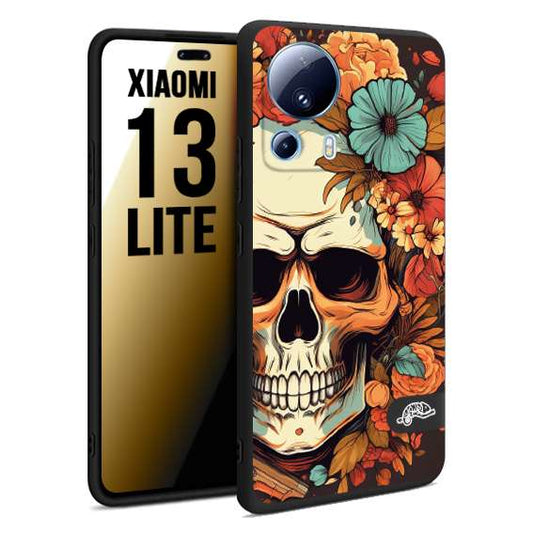 CUSTOMIZZA - Custodia cover nera morbida in tpu compatibile per Xiaomi 13 LITE teschio skull flowers fiori autunnali arancio celeste tattoo