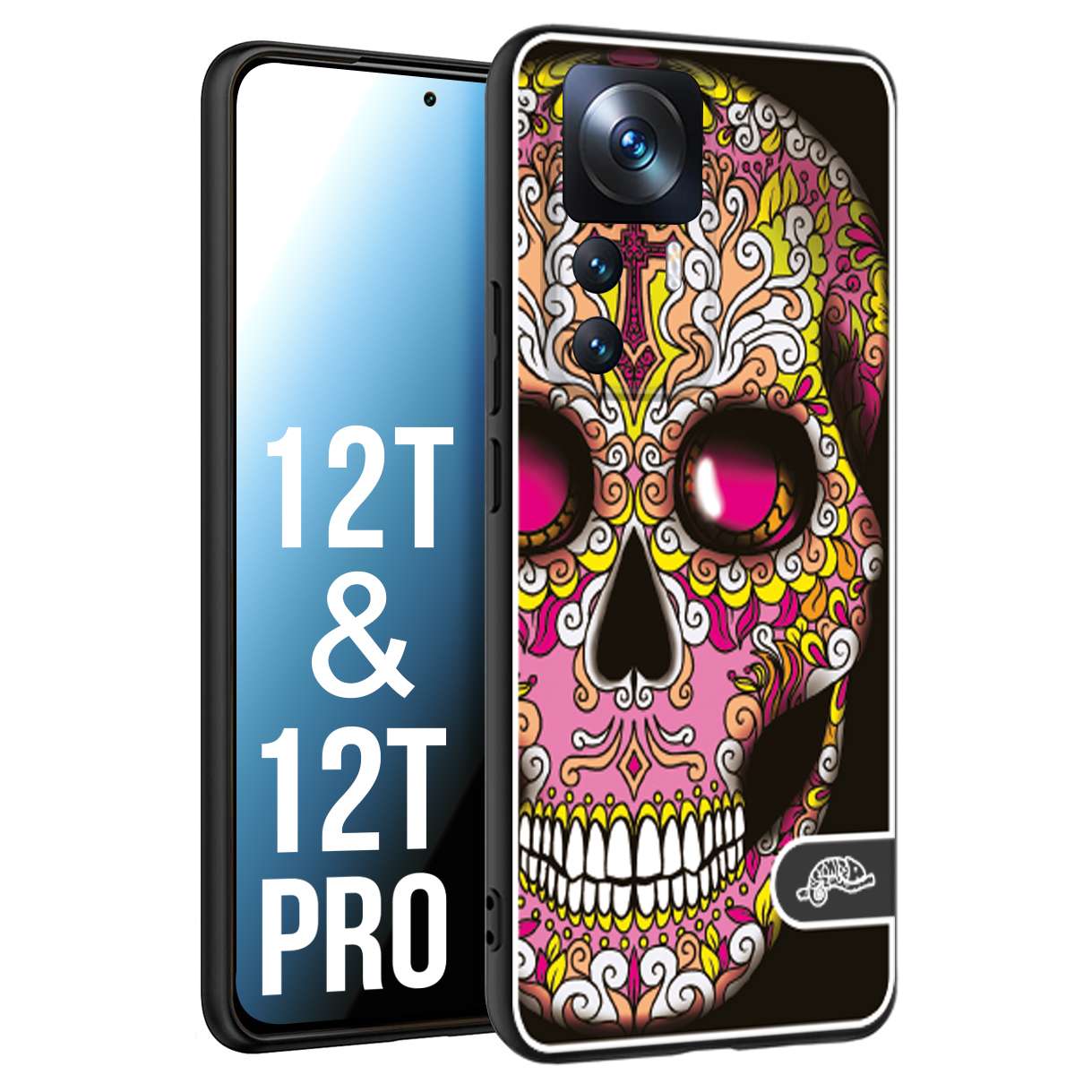 CUSTOMIZZA - Custodia cover nera morbida in tpu compatibile per Xiaomi 12T - 12T PRO teschio messicano Mexican skull rosa gialla