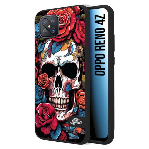 CUSTOMIZZA - Custodia cover nera morbida in tpu compatibile per Oppo Reno 4Z teschio skull flowers fiori rose rosse tattoo disegnato