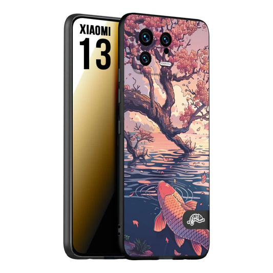 CUSTOMIZZA - Custodia cover nera morbida in tpu compatibile per Xiaomi 13 giapponese lago carpa koi rosa con foglie d'acero disegnata tattoo