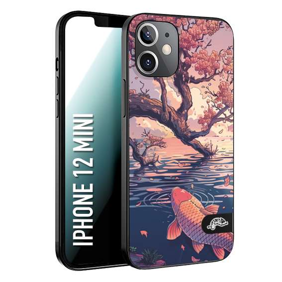 CUSTOMIZZA - Custodia cover nera morbida in tpu compatibile per iPhone 12 MINI giapponese lago carpa koi rosa con foglie d'acero disegnata tattoo