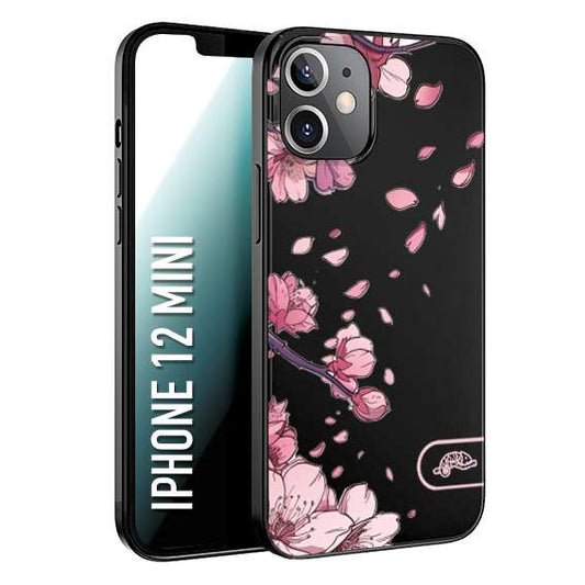 CUSTOMIZZA - Custodia cover nera morbida in tpu compatibile per iPhone 12 MINI giapponese fiori di ciliegio in fiore a rilievo disegnata tattoo