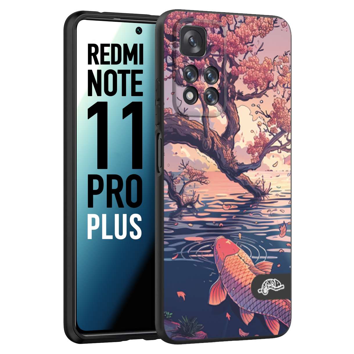 CUSTOMIZZA - Custodia cover nera morbida in tpu compatibile per Xiaomi Redmi Note 11 PRO PLUS giapponese lago carpa koi rosa con foglie d'acero disegnata tattoo