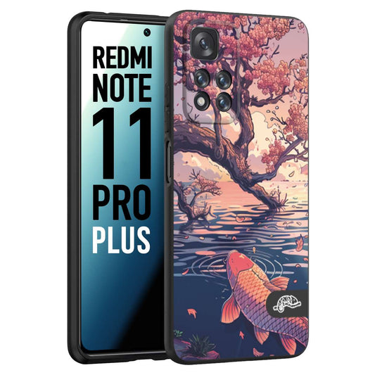 CUSTOMIZZA - Custodia cover nera morbida in tpu compatibile per Xiaomi Redmi Note 11 PRO PLUS giapponese lago carpa koi rosa con foglie d'acero disegnata tattoo