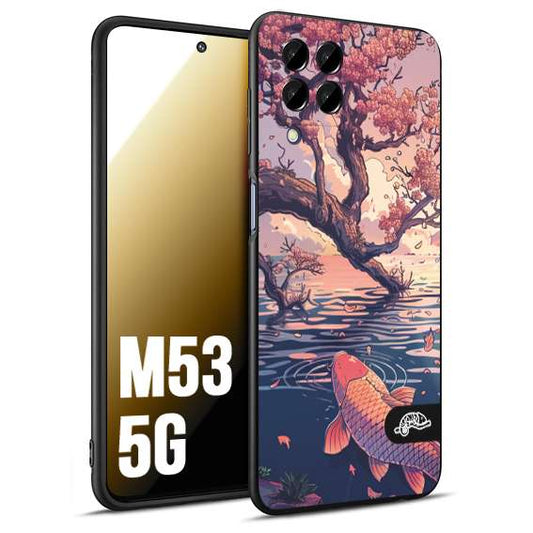 CUSTOMIZZA - Custodia cover nera morbida in tpu compatibile per Samsung M53 5G giapponese lago carpa koi rosa con foglie d'acero disegnata tattoo