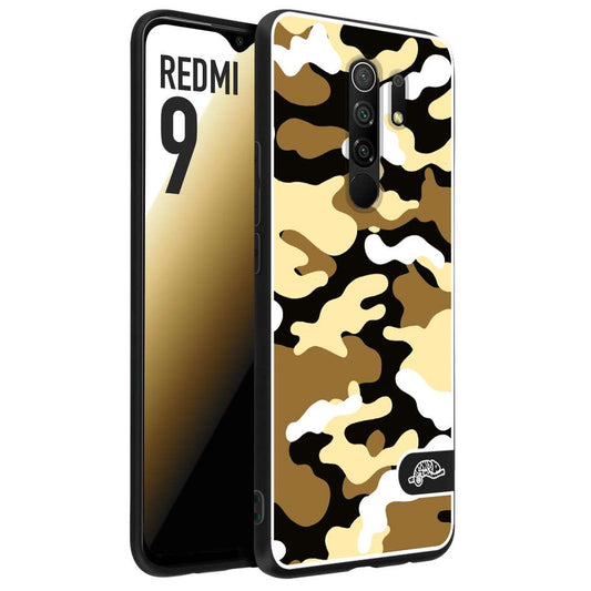 CUSTOMIZZA - Custodia cover nera morbida in tpu compatibile per Xiaomi Redmi 9 camouflage mimetico militare giallo desert brown