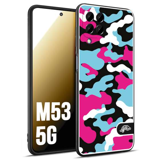 CUSTOMIZZA - Custodia cover nera morbida in tpu compatibile per Samsung M53 5G camouflage mimetico militare fucsia celeste