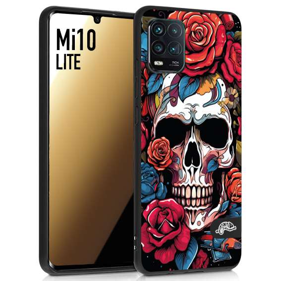 CUSTOMIZZA - Custodia cover nera morbida in tpu compatibile per Xiaomi Mi 10 LITE teschio skull flowers fiori rose rosse tattoo disegnato
