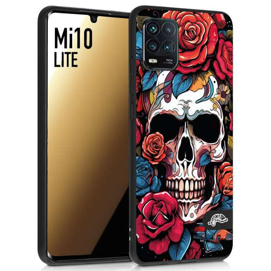CUSTOMIZZA - Custodia cover nera morbida in tpu compatibile per Xiaomi Mi 10 LITE teschio skull flowers fiori rose rosse tattoo disegnato