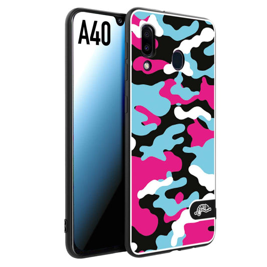 CUSTOMIZZA - Custodia cover nera morbida in tpu compatibile per Samsung A40 camouflage mimetico militare fucsia celeste