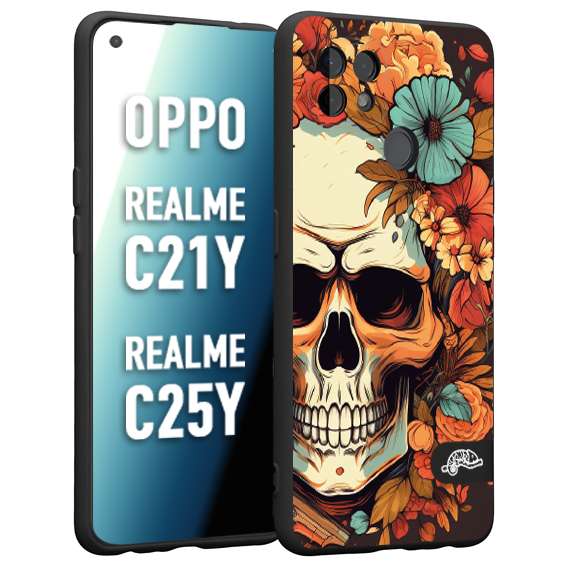 CUSTOMIZZA - Custodia cover nera morbida in tpu compatibile per Oppo Realme C21Y - C25Y teschio skull flowers fiori autunnali arancio celeste tattoo