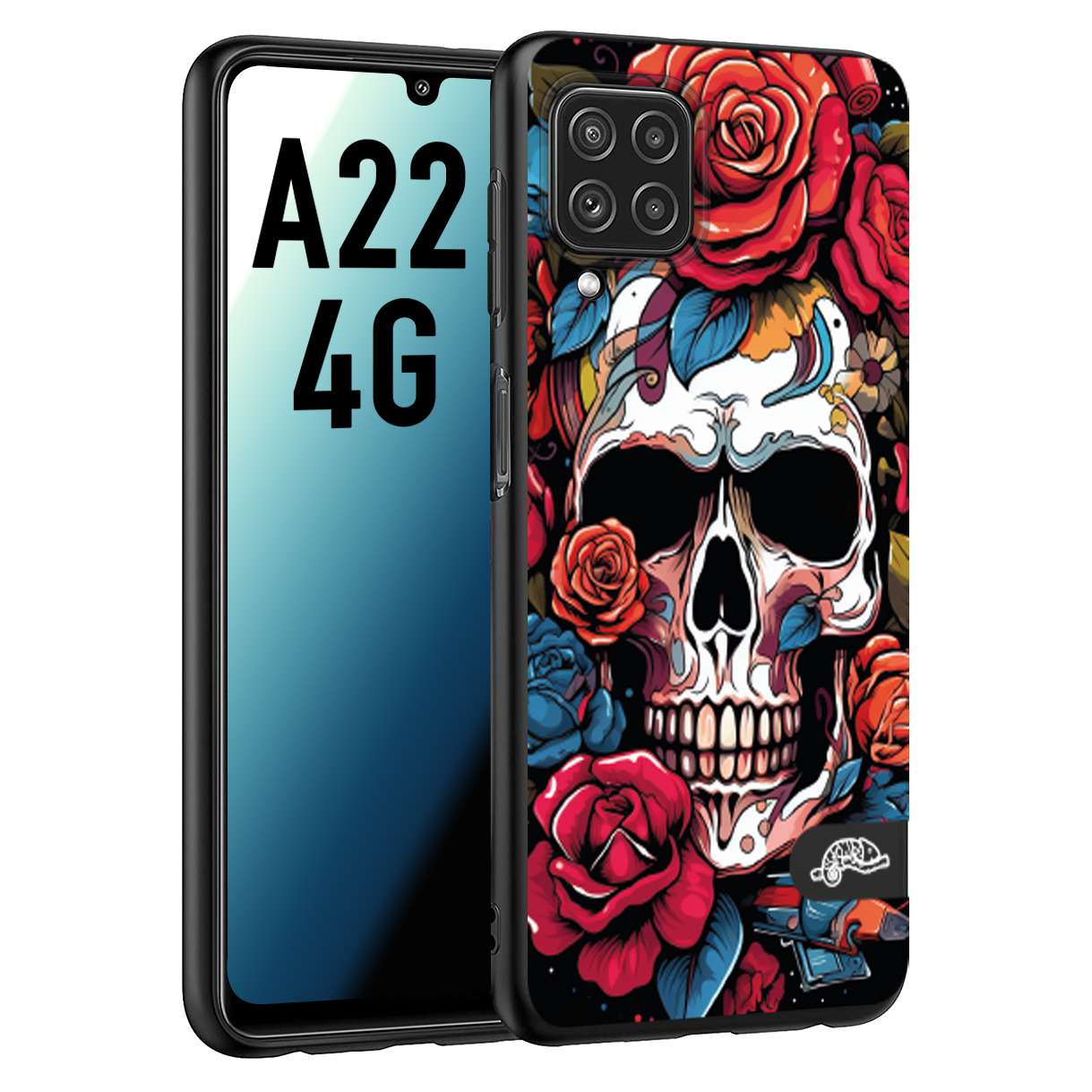 CUSTOMIZZA - Custodia cover nera morbida in tpu compatibile per Samsung A22 4G teschio skull flowers fiori rose rosse tattoo disegnato