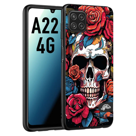 CUSTOMIZZA - Custodia cover nera morbida in tpu compatibile per Samsung A22 4G teschio skull flowers fiori rose rosse tattoo disegnato