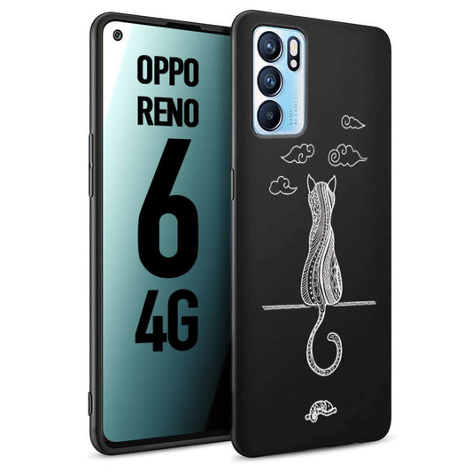 CUSTOMIZZA - Custodia cover nera morbida in tpu compatibile per Oppo Reno 6 4G gatto mandala stilizzato gattino a rilievo soft touch donna bianca