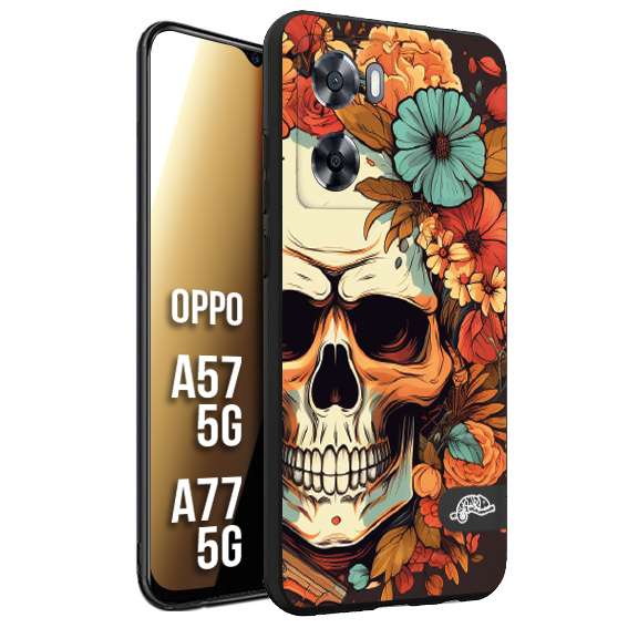 CUSTOMIZZA - Custodia cover nera morbida in tpu compatibile per Oppo A57 5G - A77 5G teschio skull flowers fiori autunnali arancio celeste tattoo