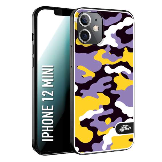 CUSTOMIZZA - Custodia cover nera morbida in tpu compatibile per iPhone 12 MINI camouflage mimetico militare viola lilla giallo