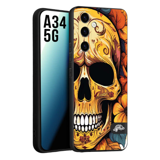 CUSTOMIZZA - Custodia cover nera morbida in tpu compatibile per Samsung A34 5G teschio messicano colorato dorato fiori autunnali disegnato